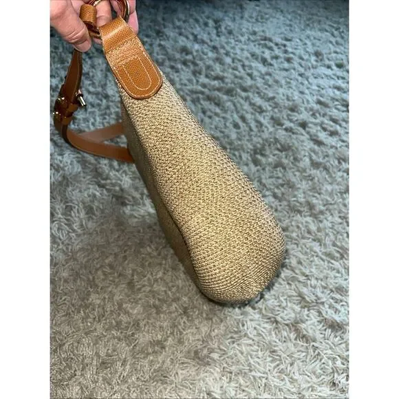 ERIC JAVIT Brown Beige Woven Straw Shoulder Crossbody Bag Leather Strap - Picture 5 of 12